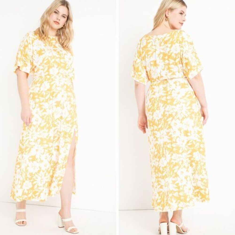 NEW Eloquii yellow floral Dolman Sleeve Maxi‎ Dress with Slit,20